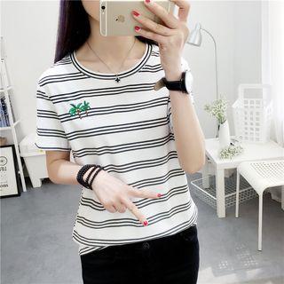 Palm Tree Embroidered Striped Short Sleeve T-shirt