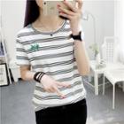Palm Tree Embroidered Striped Short Sleeve T-shirt
