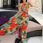 Flower Print Halter-neck Maxi A-line Dress As Shown In Figure - One Size