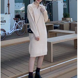 Long-sleeve Polo Collar Plain Knit Dress