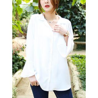 Notched-collar Ruffle-cuff Blouse