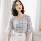 Elbow-sleeve V-neck Plaid Chiffon Blouse As Shown In Figure - One Size