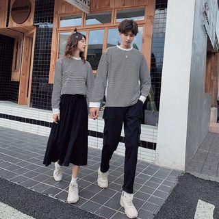 Couple Matching Striped Long-sleeve T-shirt / Midi A-line Skirt / Pocket Detail Straight-fit Pants