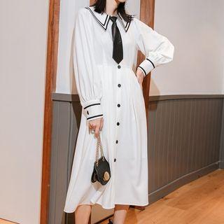 Contrast Trim Long-sleeve Midi A-line Shirtdress