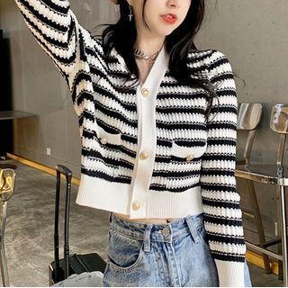 V-neck Striped Knit Cardigan Black - One Size