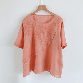 Elbow-sleeve Eyelet Trim Embroidered Blouse