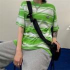 Short-sleeve Round Neck Stripe T-shirt Green - One Size