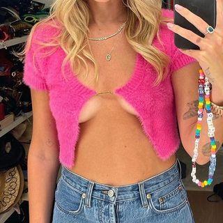 Short-sleeve Open Front Fluffy Crop Top
