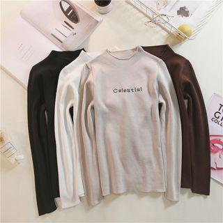 Mock Neck Letter Embroidered Knit Top