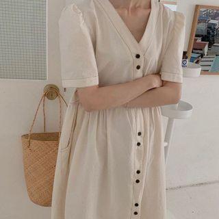 V-neck Single-breasted Wide Dress Off-white - One Size