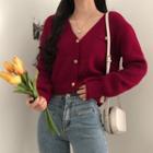 V-neck Plain Ribbed Loose Fit Cropped Cardigan
