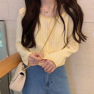 Long-sleeve Plaid Buttoned Knit Top