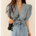 Elbow-sleeve Patterned Blouse Blue - One Size