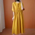 Short-sleeve Plain Midi Dress Yellow - One Size
