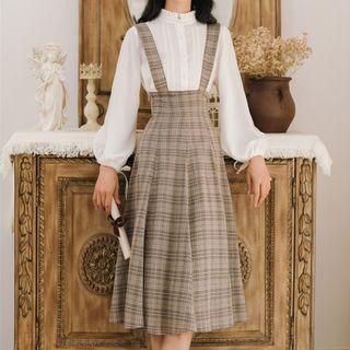 Set: Frilled Trim Blouse + Plaid High Waist Suspender Skirt