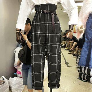 Check High-waist Straight-cut Pants With Belt