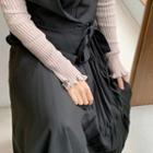 Surplice-wrap Pleated-panel Long Pinafore Dress Black - One Size