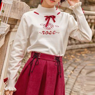 Rose Print Bow-detail Knit Top