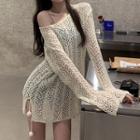 Long-sleeve Perforated Knit Top Off-white - One Size