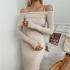 Set: Long-sleeve Off-shoulder Crop Top + Spaghetti Strap Cutout Bodycon Dress