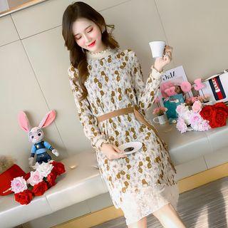 Lace Hem Printed Long-sleeve Chiffon Dress