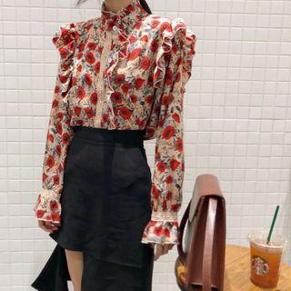 Floral Print Ruffled Blouse Floral - One Size