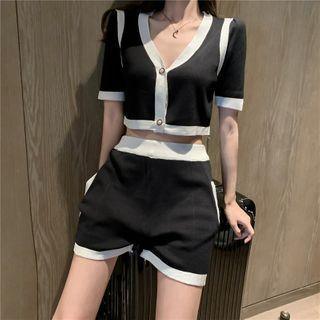Set: Short-sleeve Button Knit Top + Wide-leg Shorts