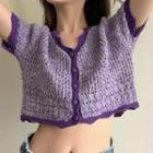 Short-sleeve Buttoned Knit Crop Top Purple - One Size