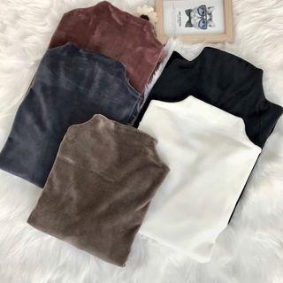 Mock-neck Long-sleeve Plain Velvet Top