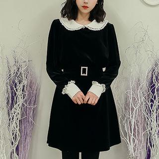 Peter Pan-collar Belted Velvet Dress