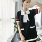 Bow Accent Contrast Trim Short Sleeve Knit Top