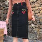 Cherry Embroidered Denim Skirt