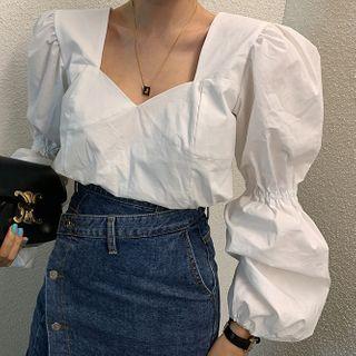 Sweetheart Neckline Puff-sleeve Blouse White - One Size