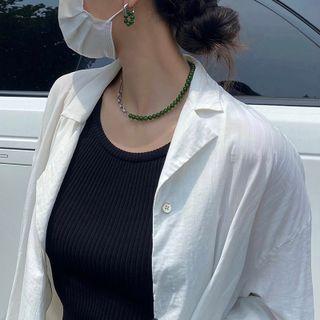 Faux Gemstone Bead Stainless Steel Necklace 1 Pc - Silver & Green - One Size