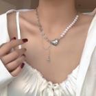 Heart Pendant Faux Pearl Alloy Necklace 1pc - Silver & White - One Size