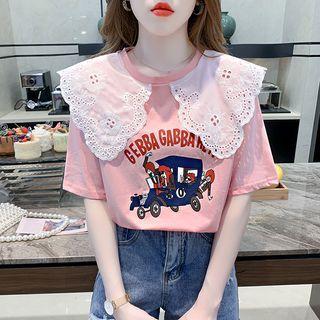 Elbow-sleeve Eyelet Collar Cartoon Print T-shirt