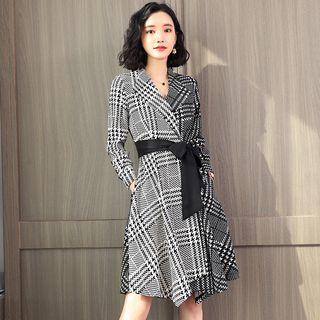 Plaid Long-sleeve Asymmetric A-line Dress