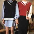 Striped Blouse / V-neck Knit Vest