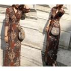 Elbow-sleeve Patterned Maxi Wrap Dress