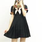 Bow Accent Sailor Collar Short Sleeve Pleated Dress