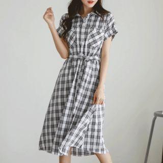 Half-placket Plaid Seersucker Shirtdress With Sash