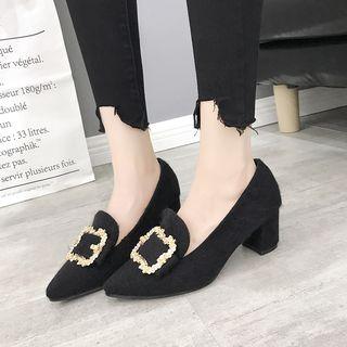 Pointed Buckled Chunky Heel Pumps