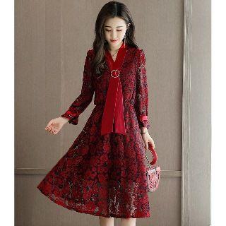 Long-sleeve Strap-accent Lace Midi Dress