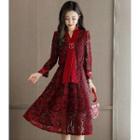 Long-sleeve Strap-accent Lace Midi Dress