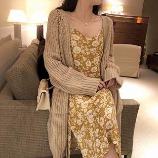 Long Cardigan / Spaghetti Strap Floral Print Midi Dress