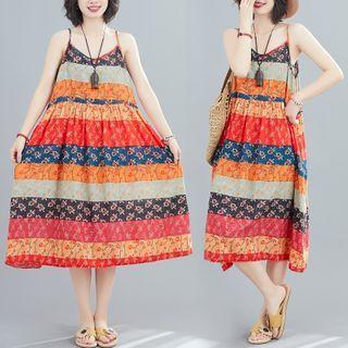 Spaghetti Strap Color Block Floral Midi A-line Dress