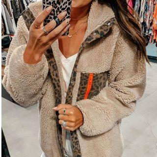 Leopard Print Panel Faux Shearling Jacket