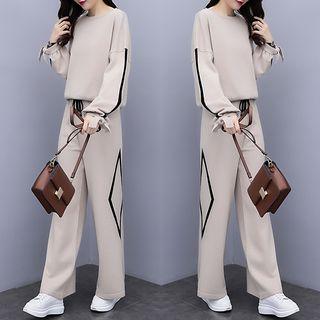 Set: Contrast Trim Pullover + High Waist Wide-leg Pants