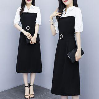 Belted Elbow-sleeve Midi A-line Chiffon Dress