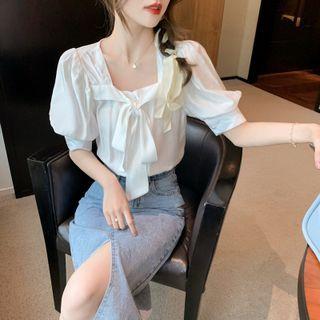 Puff-sleeve Square Neck Drawstring Blouse